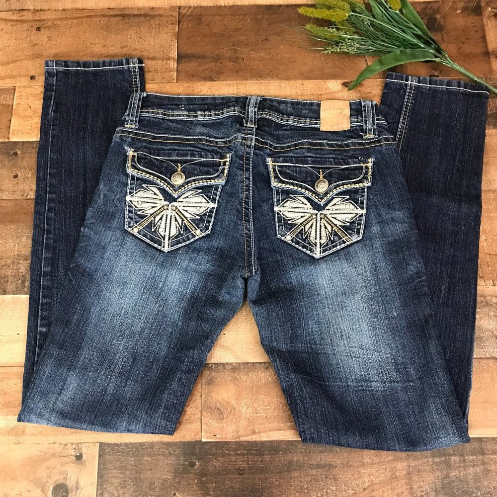Red Camel Embellished Flap Pocket Skinny Jeans